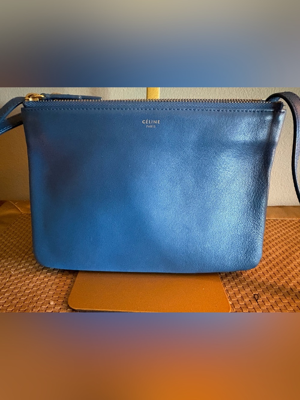 Authentic Celine Small Trio Crossbody Bag Blue Lambskin Leather Gold Hardware